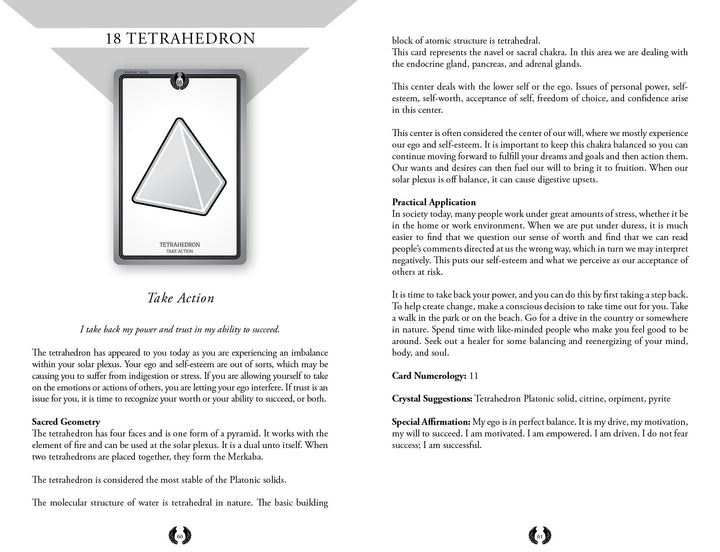 A page from Schiffer Publishing’s Sacred Geometry Healing Cards shows the 18 Tetrahedron card with a silver tetrahedron, sharing its meaning, suggested crystals, uses, and personal advice for taking action.