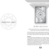 The Sacred Geometry Healing Cards by Schiffer Publishing, Ltd. include an info card on the 23 Solfeggio Frequency 174 Hz, featuring a star pattern and its pain relief benefits—part of a set with guidebook for deeper understanding.