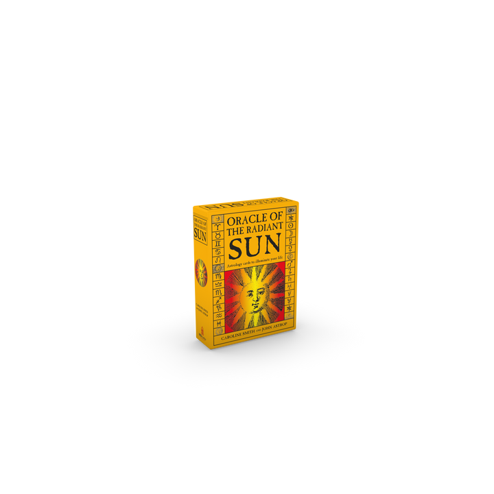 A yellow upright box labeled "Oracle of the Radiant Sun" by Schiffer Publishing, Ltd. features an illustrated sun with a face. This astrology oracle deck includes symbolic designs and is displayed against a white background.
