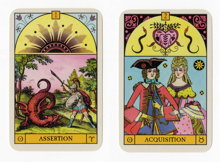 Two illustrated cards from the "Oracle of the Radiant Sun" by Schiffer Publishing, Ltd.: one depicts a warrior fighting a dragon under a radiant sun (Assertion); the other shows an elegant couple with hearts above (Acquisition).