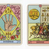 The Oracle of the Radiant Sun by Schiffer Publishing, Ltd. includes two illustrated tarot-style oracle cards—one featuring a palmistry hand, cups, and flowers (Enterprise), and another with riders, swords, and a lion coin (Defense). Ideal for zodiac readings.