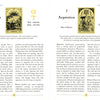Two pages from Oracle of the Radiant Sun by Schiffer Publishing, Ltd. show tarot cards and text: the left features Assertion (Sun in Aries, ram card), while the right displays Acquisition (Sun in Taurus, bull card) with detailed descriptions.