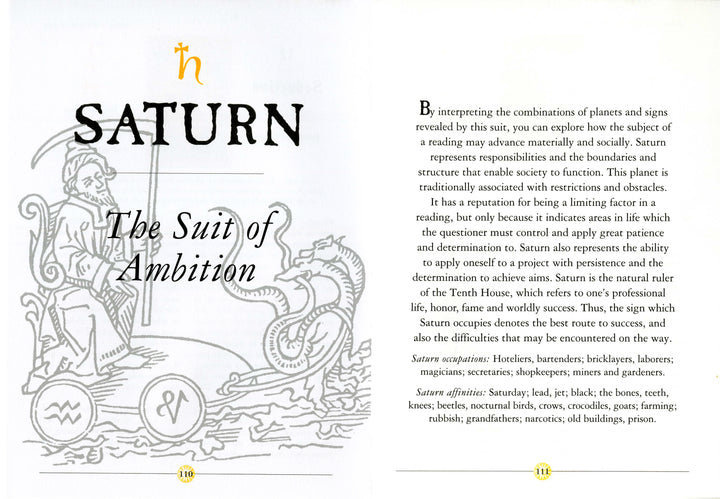 Illustrated page from the Oracle of the Radiant Sun by Schiffer Publishing, Ltd., titled Saturn: The Suit of Ambition, with Saturn, a scythe, astrological symbols, and text on Saturn’s role in career and ambition.