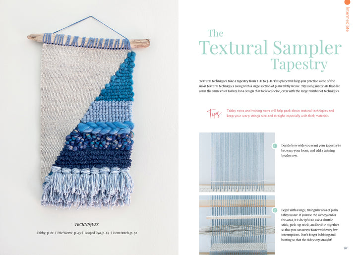 Welcome to Weaving 2" by Schiffer Publishing, Ltd. features a woven sampler tapestry in blue, gray, and white on a wood dowel with varied textures, fringed ends, and intermediate weaving techniques inspired by Lindsey Campbell.