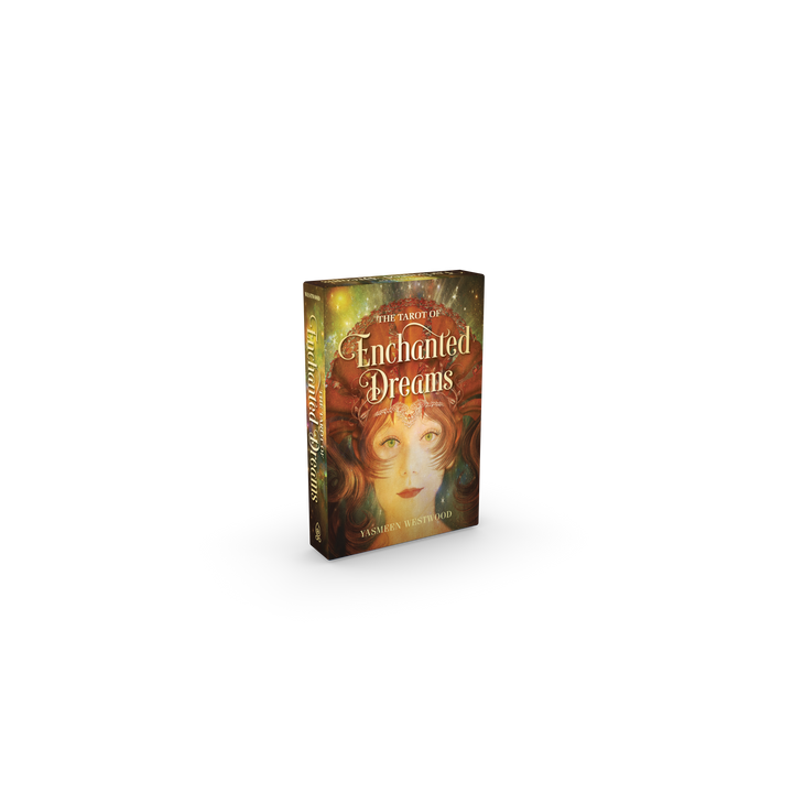The Tarot of Enchanted Dreams by Schiffer Publishing, Ltd. is shown, featuring an illustrated woman with red hair and bright green eyes on the cover, surrounded by a magical, swirling fantasy world.