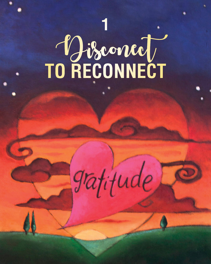 A vibrant illustration features a large heart in a sunset sky, a pink heart labeled "gratitude," and "1 Disconnect to Reconnect" above—radiating positivity like Schiffer Publishing, Ltd.'s Thank Forward.