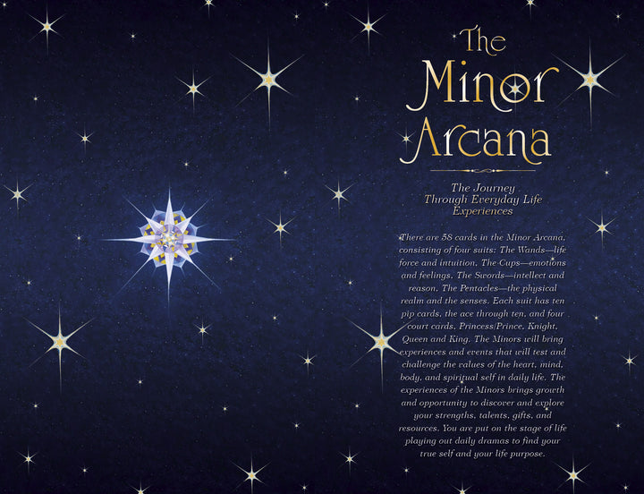 The Star Tarot by Schiffer Publishing, Ltd. features a vibrant night sky with bright stars and an intricate central star, symbolizing the cosmic journey of self-discovery described in the Minor Arcana’s exploration of everyday life.