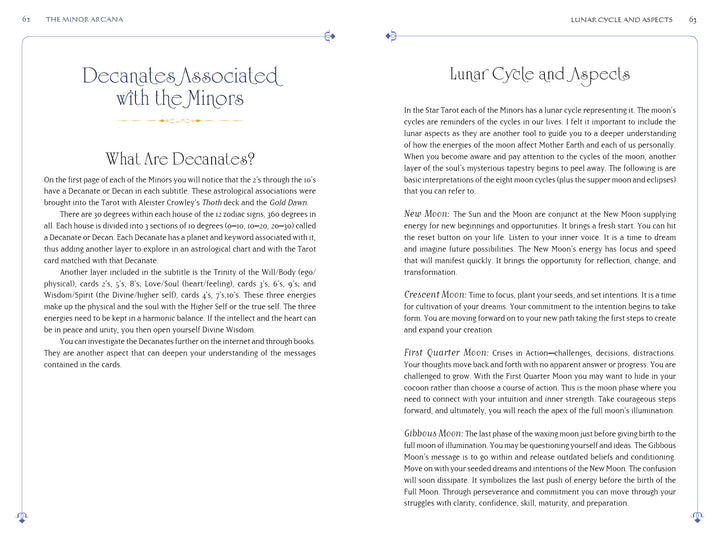 An open book, The Star Tarot by Schiffer Publishing, Ltd., shows two pages: the left covers decanates and minor arcana symbolism; the right explores lunar cycles and how moon phases affect tarot card meanings.