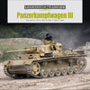 Model of a Panzerkampfwagen III tank with a person inside, on a grassy field background, featuring 'Legends of Warfare' branding.