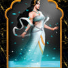A regal woman in white and gold attire with a crown and jewels stands among blue petals. Her long black hair flows gracefully—an elegant figure featured on the 8 Preconditions card from The Mahābhārata Oracle by Schiffer Publishing, Ltd.
