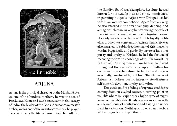 A page from The Mahābhārata Oracle by Schiffer Publishing, Ltd. depicts Arjuna with his bow, highlighting his virtues and epic role, similar to tarot archetypes. The page is titled “Arjuna—2 Invincible.”.