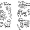 The black and white illustrated contents page from Shine Bright by Schiffer Publishing, Ltd. features doodles like a unicorn, cat, and cupcake with affirmations such as “You are Magical”—a perfect inspiration for creative teens.