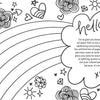 The black-and-white drawing on Shine Bright by Schiffer Publishing, Ltd. features rainbows, hearts, stars, flowers, and doodles. Handwritten text inside a cloud welcomes teens to this creativity book for inspiration and self-expression.