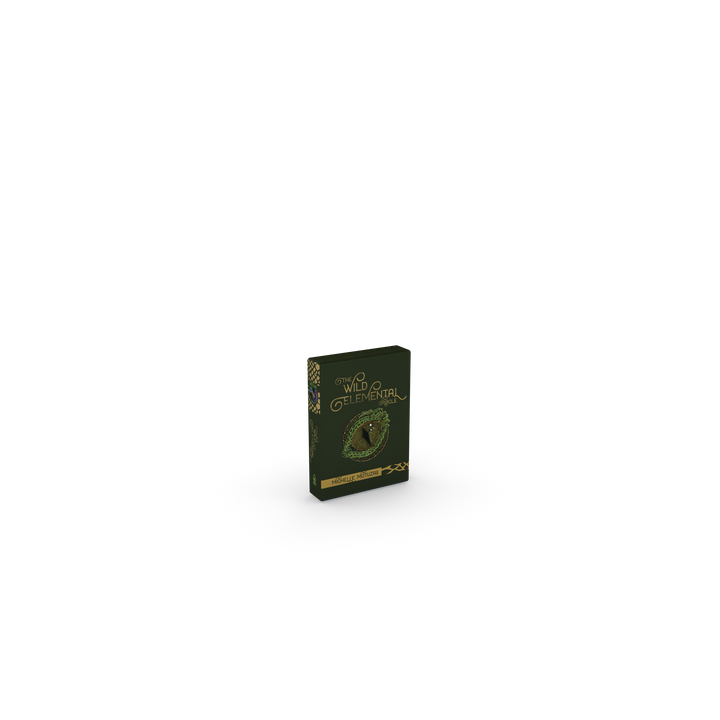 A green box with gold accents labeled "The Wild Elemental Oracle" by Schiffer Publishing, Ltd. stands upright against a white background, featuring intricate designs and a snake eating its tail, hinting at ancient animal wisdom oracle cards inside.