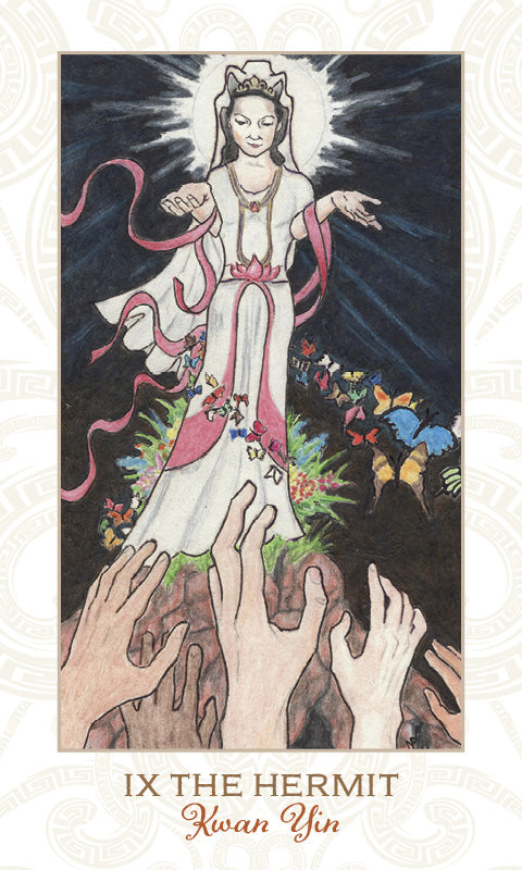 Illustration from Pistis Sophia by Schiffer Publishing, Ltd.: a serene, robed figure with a halo hovers above outstretched hands. Flowers and light surround her against a dark background, with flowing red ribbons.