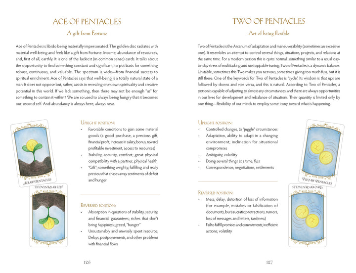 Two pages from the Insight Tarot guidebook by Schiffer Publishing, Ltd. show the Ace and Two of Pentacles cards with illustrations, upright/reversed meanings, keywords, and descriptions—perfect for divination or exploring depth psychology.