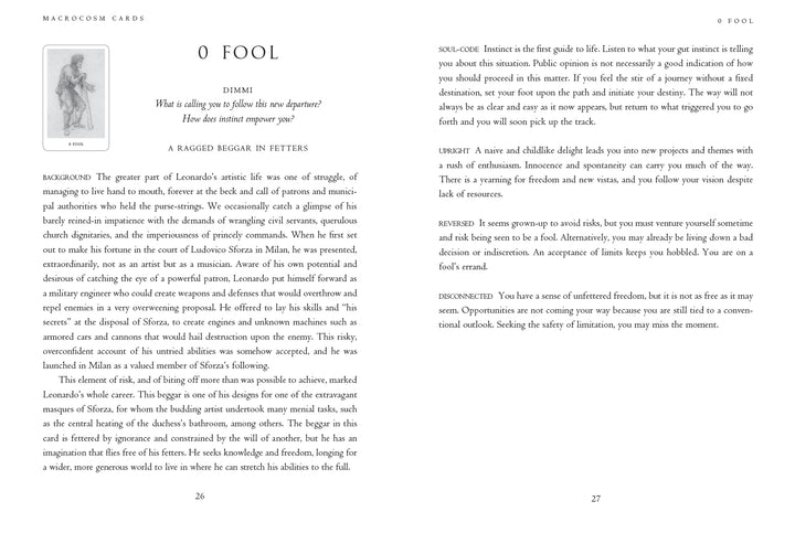 Pages from the Da Vinci Enigma Tarot (Deck and Guidebook Box Set) by Schiffer Publishing, Ltd. show the 0 Fool card’s meaning, with an illustration of a person holding a staff and detailed interpretations and keywords in the guidebook.