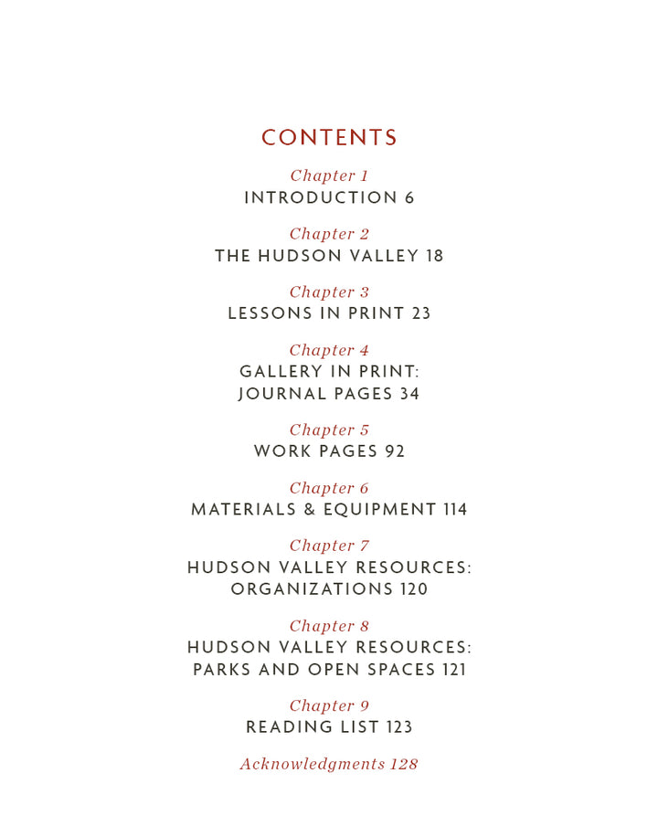The Sketchbook Traveler Hudson Valley by Schiffer Publishing, Ltd. features a table of contents with red and black text, listing sections like Introduction, The Hudson Valley, Gallery Pages, Materials & Equipment, plein air painting, and travel journal.