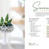 The Modern Crochet Garden by Schiffer Publishing, Ltd. shows a white crocheted hanger with crochet succulents indoors, alongside text with yarn/supply lists, hook size, and instructions to create your own crochet succulent garden.