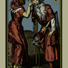 An illustrated card from the Rota Mundi Tarot by Schiffer Publishing, Ltd. shows a woman in red adjusting a bearded man's hat as he leans on a cane; labeled External Influence, it features the number four and four swords in the top right corner.