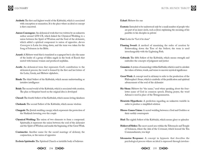 A two-page spread from the Rota Mundi Tarot glossary by Schiffer Publishing, Ltd., featuring alphabetized Kabbalistic and esoteric term definitions in two columns with decorative symbols and Rosicrucian references.