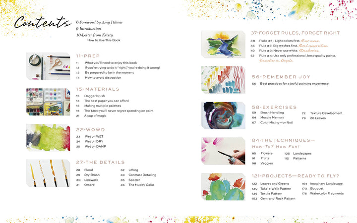 The table of contents in *How to Make Art for Joy’s Sake* (Schiffer Publishing, Ltd.) is colorful and vibrant, with watercolor splashes and sections on prep, materials, word, details, joy, exercises, watercolor techniques, and project ideas.