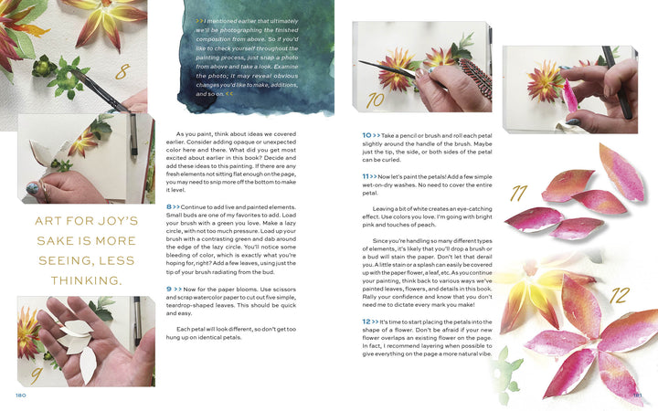 How to Make Art for Joy’s Sake by Schiffer Publishing, Ltd. is an instructional guide with step-by-step photos and text, teaching watercolor techniques for painting and cutting paper flowers and leaves, plus displaying vibrant finished cutouts.