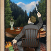 A person in a suit sits at a table in the forest, holding a feather pen toward a winged eye as literary tarot symbols—candle, chalice, apple, burning "Nature" book—surround them. The card is I. Magician from The American Renaissance Tarot by Schiffer Publishing, Ltd.