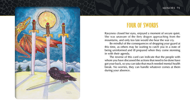 The Ravyness Drakon Tarot by Schiffer Publishing, Ltd. features a Four of Swords card with a black bird resting before four swords, a dragon soaring before a full moon above snowy mountains, and insightful text explaining the card’s meaning on the right.
