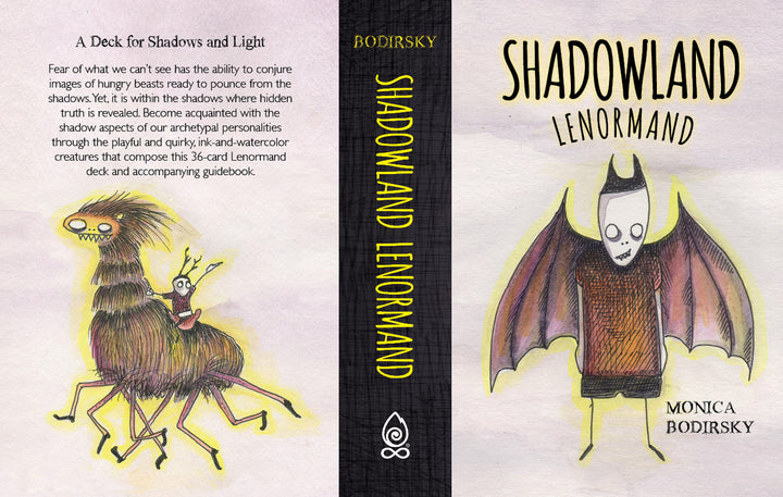 Shadowland Lenormand by Schiffer Publishing, Ltd. includes a book and deck box cover with unique artwork—featuring a bat-like creature with a human face and a three-eyed bug—ideal for shadow work and self-discovery.