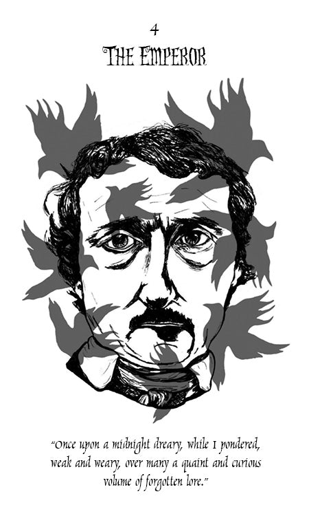 Black and white illustration of a solemn man’s face surrounded by birds, inspired by The Poe Tarot from Schiffer Publishing, Ltd. Features “The Emperor” with an Edgar Allan Poe quote: “Once upon a midnight dreary, while I pondered…”.