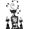 The Poe Tarot by Schiffer Publishing, Ltd. features a black and white illustration titled "Ten of Paws," depicting a peaceful person among four cats and paw prints, with the caption: “It is a happiness to wonder; it is a happiness to dream.”.