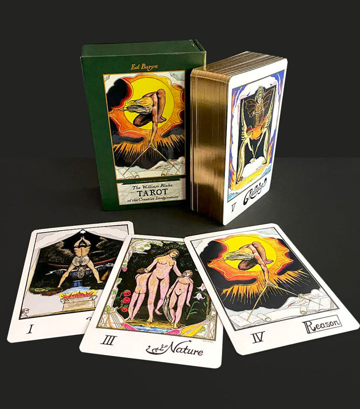 The William Blake Tarot of the Creative Imagination by Schiffer Publishing, Ltd. features gold-edged cards and a green box, with Strength, Nature, and Reason on display; V (Genesis) is the top card.