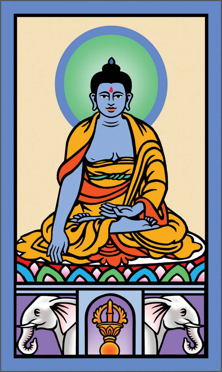 A stylized illustration for The Buddha Tarot by Schiffer Publishing, Ltd.: a blue-skinned Buddha sits cross-legged on a lotus, in yellow and orange robes, with a green halo and border inspired by Major Arcana motifs.