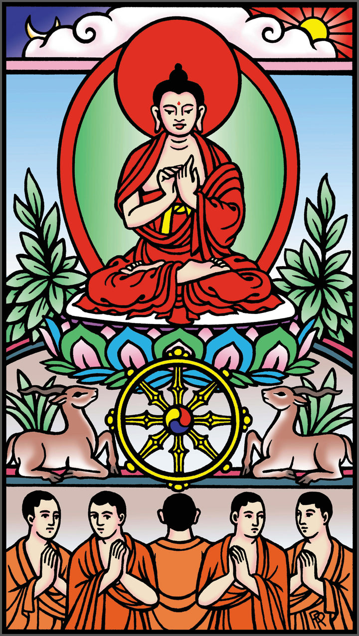 A vibrant illustration from The Buddha Tarot by Schiffer Publishing, Ltd. shows Buddha cross-legged on a lotus throne teaching, with two deer, a Dharma wheel, and five monks in reverence below a radiant sky.