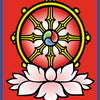 A golden Dharma wheel with eight spokes, symbolizing enlightenment, stands above a white lotus on red bordered in blue. The wheel's center has a blue, red, and green swirl evoking The Buddha Tarot by Schiffer Publishing, Ltd.