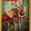 A woman in blue with a feathered hat sits on a decorated elephant under a red umbrella in an enchanted forest. The Rider card from the "Lenormand of Enchantment" by Schiffer Publishing, Ltd. is ideal for tarot readings or guidebook reference.