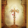 The Lenormand of Enchantment deck by Schiffer Publishing, Ltd. features card 36, "Cross," showing a golden ornate cross with blue gems in an arched stone hallway, a floating red rose petal, and a six of clubs symbol.