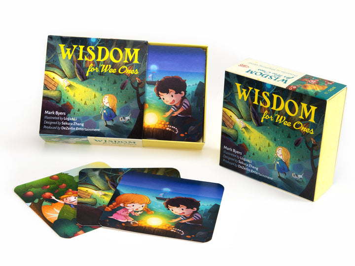 Wisdom for Wee Ones by Schiffer Publishing, Ltd. is a colorful card game featuring Proverbs cards with playful, cartoon-style art of children in nature, offering spiritual encouragement for young players.
