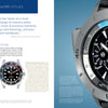 Two magazine pages showcase luxury watches: the left page highlights a quote about time, brand text, and a small watch image; the right page features a large close-up from "Horology" by Schiffer Publishing, Ltd.