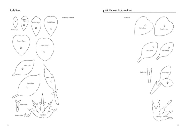 Two pages from "The Herbarium of Fabric Flowers" by Schiffer Publishing, Ltd. show full-size fabric flower patterns: “Lady Rose” petals and leaves on the left, “Prairie Ramblers Rose” parts on the right, each labeled with size measurements.