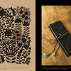 Left: Intricate black botanical embroidery on tan fabric. Right: A black textile case with raised embroidery and a silver cord, both from Schiffer Publishing, Ltd.'s Embroidery Garden, showcasing Yanase Rei’s exquisite attention to detail.