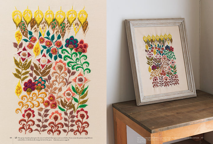 Split image: Left side displays a vibrant botanical embroidery on cream fabric. Right side features the same "Embroidery Garden" design by Schiffer Publishing, Ltd., framed and set on a wooden table against a plain white wall.