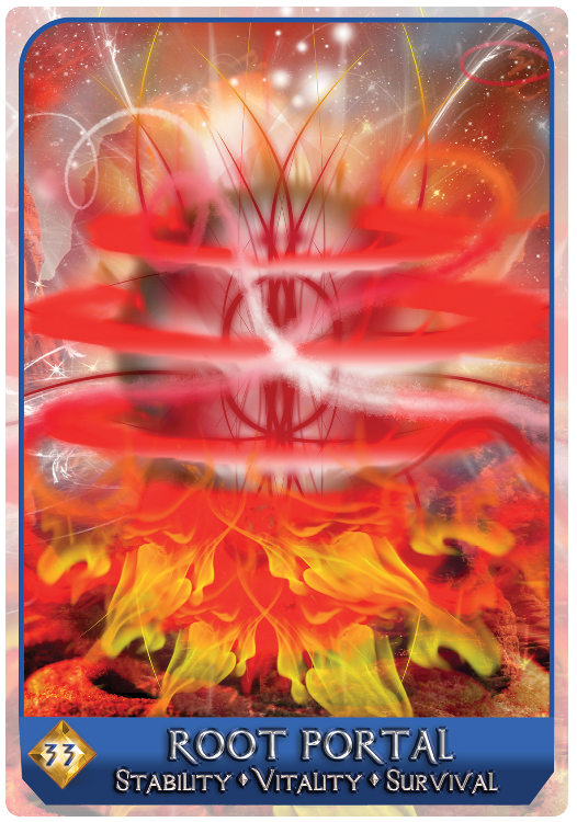 A vibrant card from the Magical Dimensions Oracle Cards and Activators by Schiffer Publishing, Ltd. features swirling red, orange, and yellow energy with abstract root-like patterns. Text reads: Stability • Vitality • Survival—ideal for intuitive guidance.