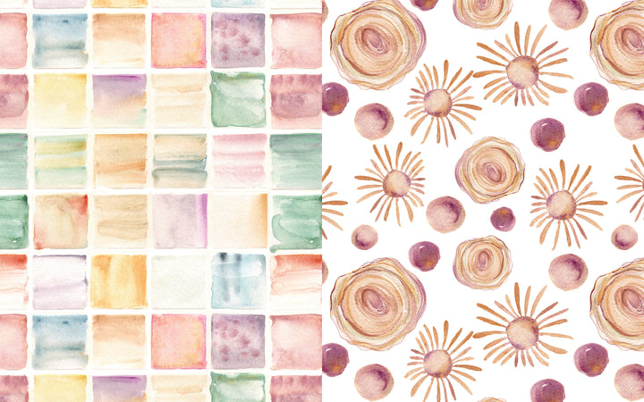 Side by side: pastel grid tiles and abstract sunbursts from "Mixed-Media Adventures with Kristy Rice" by Schiffer Publishing, Ltd.—ideal for relaxing creativity or your next mixed-media art project.