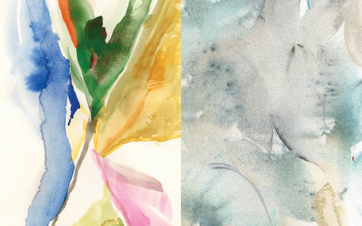 Vertical abstract watercolor artwork: vivid blue, green, yellow, pink, and orange strokes on the left; soft, muted tones on the right—ideal inspiration for creative relaxation with Schiffer Publishing’s "Mixed-Media Adventures with Kristy Rice.
