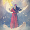 A woman in a red dress with white angel wings stands on clouds, holding a glowing yellow pinwheel. She wears a colorful mask as feathers float nearby. "Air Element" appears at the bottom of the Angels of Healing and Hope Oracle by Schiffer Publishing, Ltd.