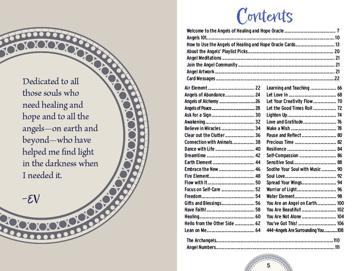 The left page features a patterned border and a dedication to those seeking healing and angels. The right page shows the table of contents for Angels of Healing and Hope Oracle by Schiffer Publishing, Ltd.—ideal for oracle card enthusiasts.