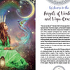 A woman with long red hair and white angel wings kneels on a grassy hill under a glowing moon, as a white dove flies nearby. Swirling colors fill the night sky. Text about the Angels of Healing and Hope Oracle by Schiffer Publishing, Ltd. appears on the right.