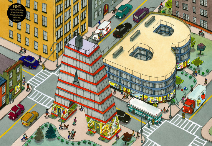 ABCity by Schiffer Publishing, Ltd. features a lively city with A- and B-shaped buildings, colorful vehicles, and people—an illustrated maze or seek-and-find adventure that's perfect for exploring the alphabet in a playful urban scene.